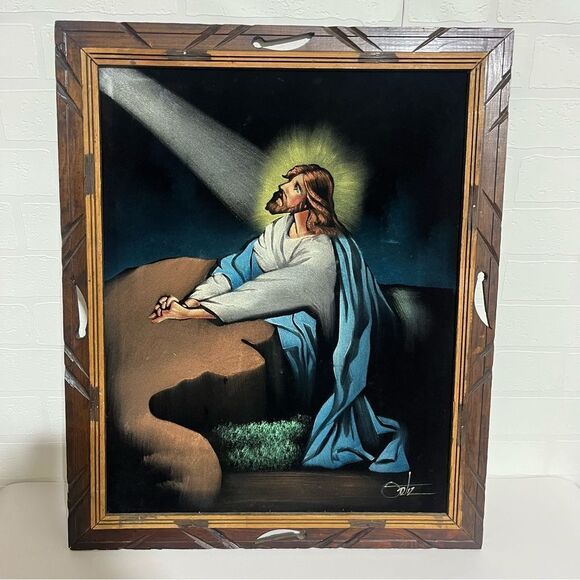 Framed Jesus Wall Art with Blue and Brown Accents made in Mexico - Picture 1 of 10
